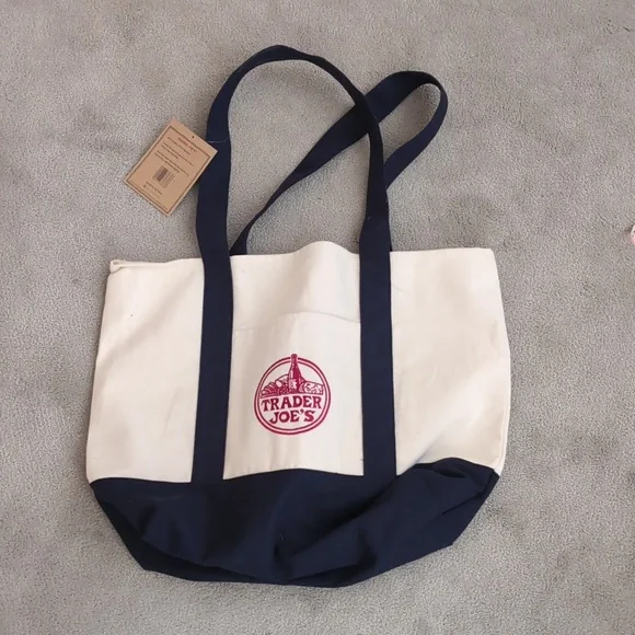 Trader Joe's Navy and Cream Canvas Tote Bag - Picture 3 of 5
